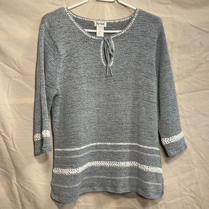 NoMI Vintage Heather Blue Cotton Blend Crochet Open Knit Tie Neck Sweater XL